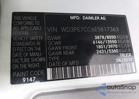 2014 Mercedes-Benz Sprinter 2500 Normal Roof z USA, uszkodzony, nr VIN WD3PE7CC6E5817363